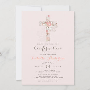 Elegant blush pink confirmation floral cross name invitation