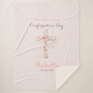 Elegant blush pink confirmation floral cross name sherpa blanket