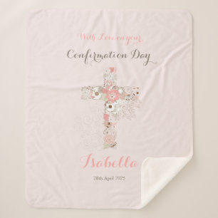 Elegant blush pink confirmation floral cross name sherpa blanket