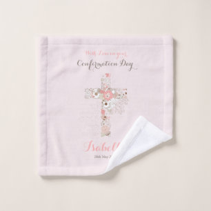 Elegant blush pink confirmation floral cross   wash cloth