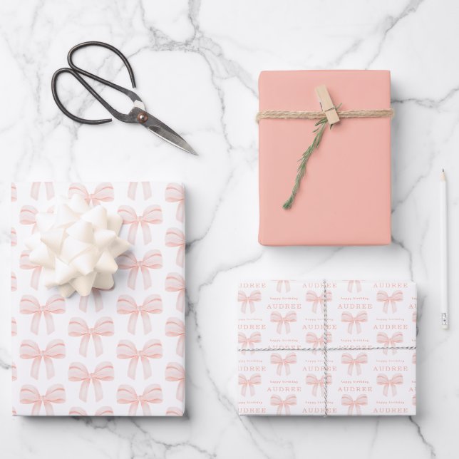 Elegant Blush Pink Coquette Bow Birthday Wrapping Paper Sheet (Front)