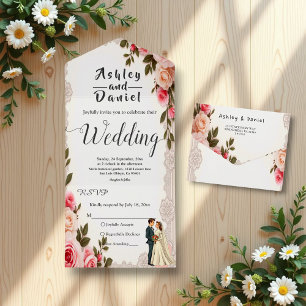 Elegant Blush Pink Couple Summer Floral Wedding All In One Invitation
