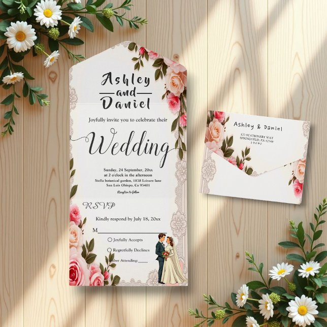 Elegant Blush Pink Couple Summer Floral Wedding All In One Invitation (Creator Uploaded)