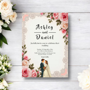 Elegant Blush Pink Couple Summer Floral Wedding Invitation