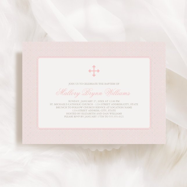 Elegant Blush Pink Cross Pattern Baby Girl Baptism Invitation (Creator Uploaded)