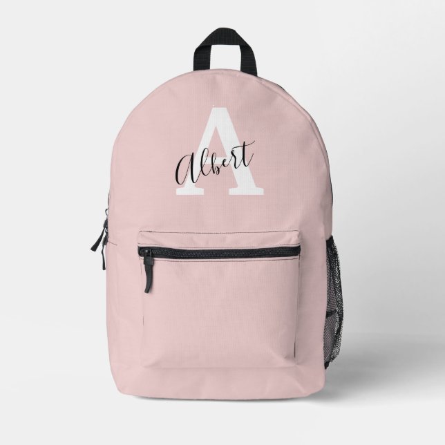 Elegant Blush Pink Custom Monogram Travel Backpack (Front)