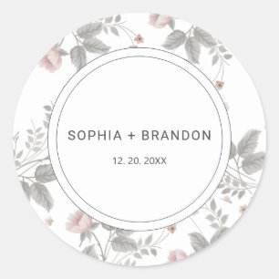 Elegant Blush Pink & Dark Grey Floral Wedding Classic Round Sticker