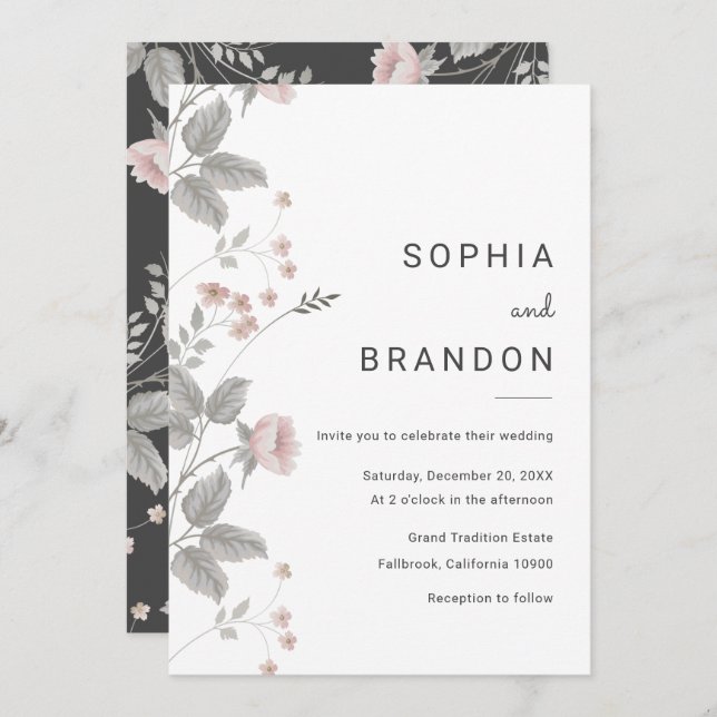 Elegant Blush Pink & Dark Grey Floral Wedding Invitation (Front/Back)