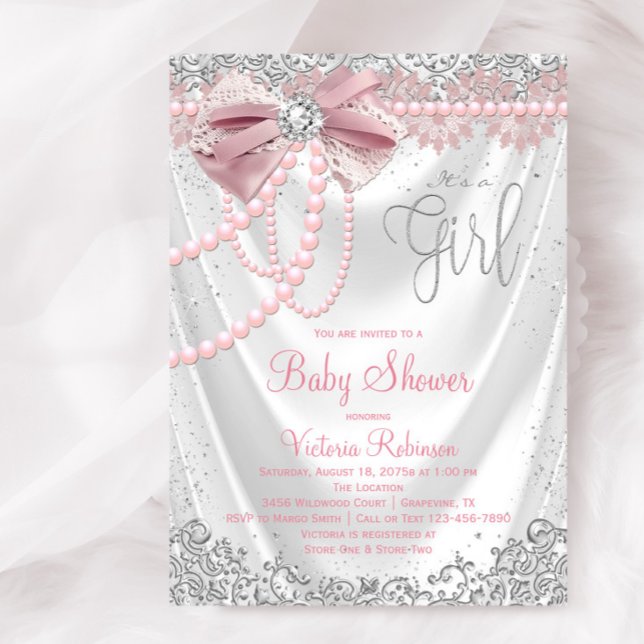 Elegant Blush Pink Diamond Pearl Girly Baby Shower Invitation (Elegant blush pink and silver diamond baby shower invitation. Simply add your event details.)