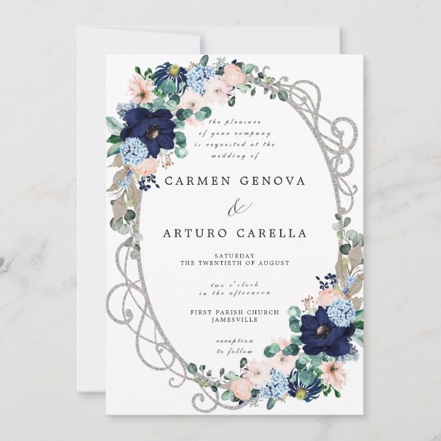 Elegant Blush Pink Dusty Blue Floral Wedding Invit Invitation (Front)