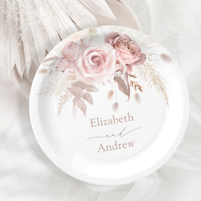 Elegant Blush Pink Dusty Rose Floral Wedding Paper Plate (Creator Uploaded)