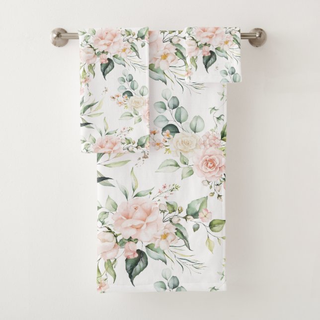 Elegant Blush Pink Eucalyptus Bath Towel Set (Insitu)