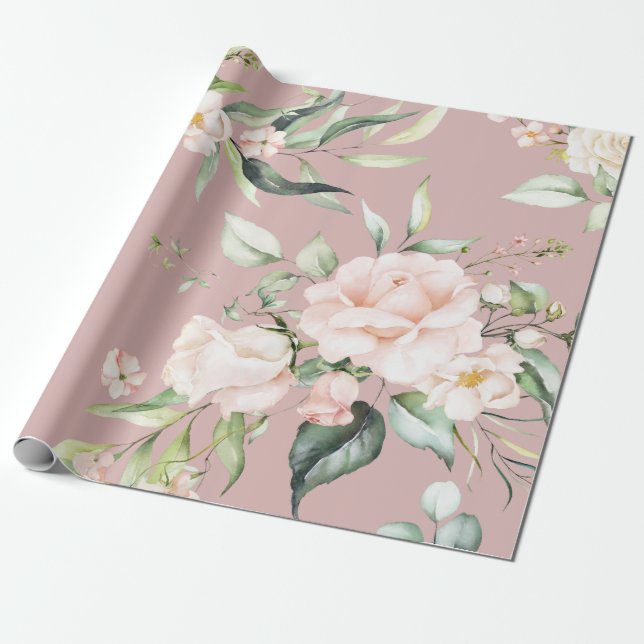 Elegant Blush Pink Eucalyptus Greenery Mauve Wrapping Paper (Unrolled)