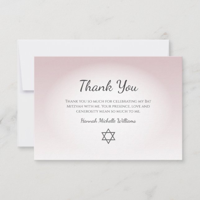 Elegant Blush Pink Feminine Simple Bat Mitzvah  Thank You Card (Front)