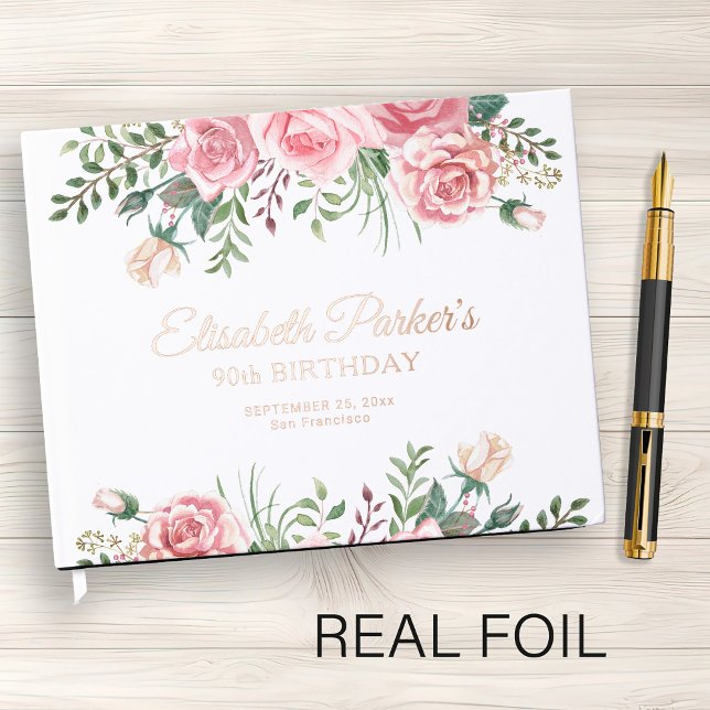 Elegant blush pink floral 90th birthday party  guest book (Creator Uploaded)