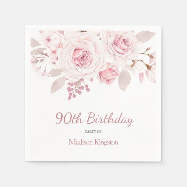 Elegant Blush Pink Floral 90th Birthday Party Napkin (Front)