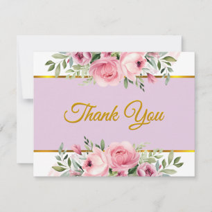 Elegant Blush Pink Floral and Gold Trim Thank Card