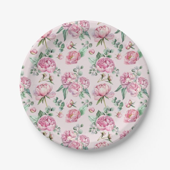 Elegant Blush Pink Floral and Greenery Baby Shower Paper Plate (Front)