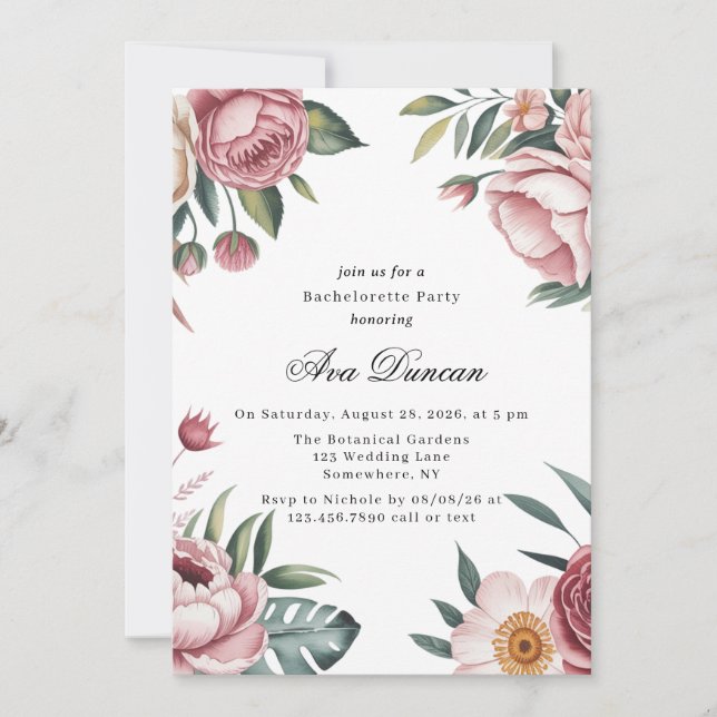 Elegant Blush Pink Floral Bachelorette Party Invitation (Front)