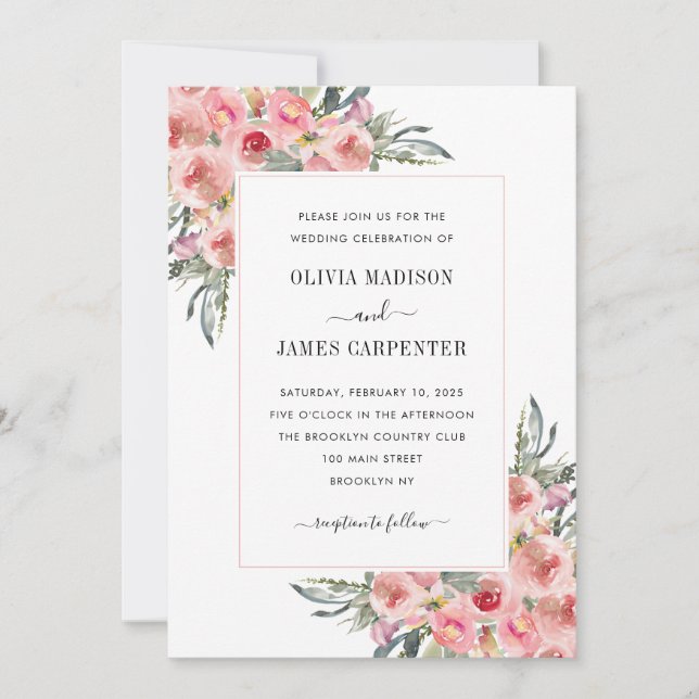Elegant Blush Pink Floral Bloom Watercolor Wedding Invitation (Front)