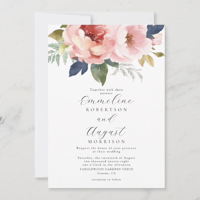 Elegant Blush Pink Floral Botanical Wedding Invitation (Front)