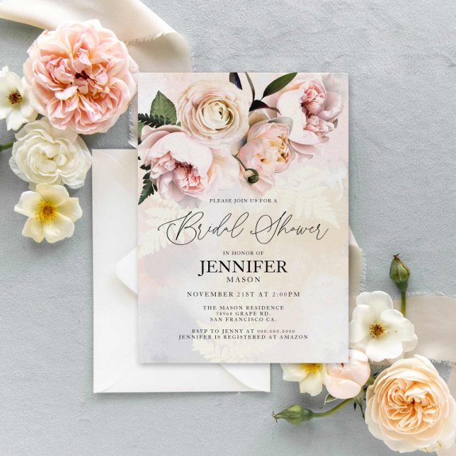 Elegant Blush Pink Floral Bridal Shower Invitation (Blush Floral Bridal Shower Invitation)