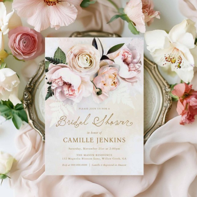 Elegant Blush Pink Floral Bridal Shower Invitation (Pink Blush Floral Bridal Shower Invitation)