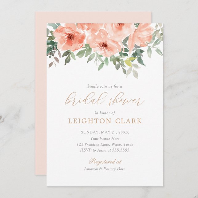 Elegant Blush Pink Floral Bridal Shower Invitation (Front/Back)