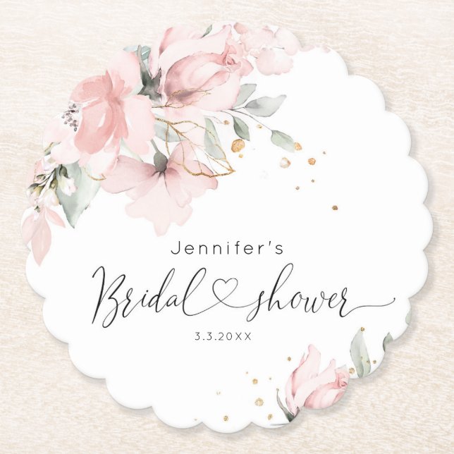 Elegant Blush pink floral bridal shower Paper Coaster (Front)