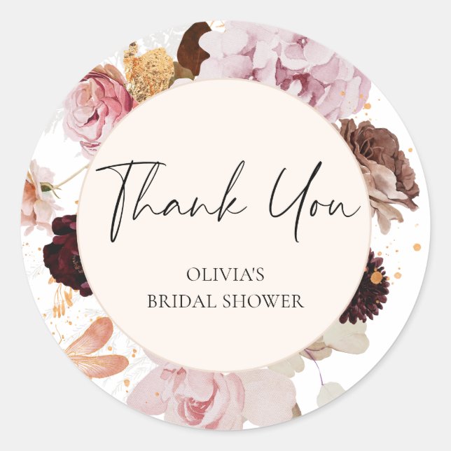 Elegant Blush Pink Floral Bridal Shower Thank You Classic Round Sticker (Front)