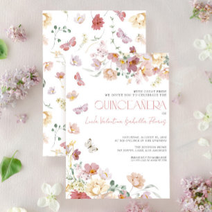 Elegant Blush Pink Floral Butterfly Quinceañera  Invitation