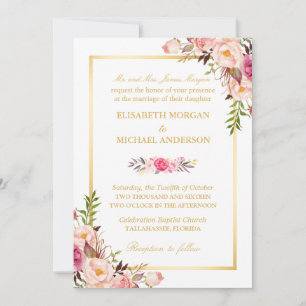 Elegant Blush Pink Floral Chic Gold Wedding Invitation