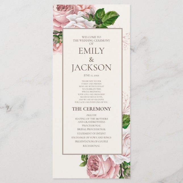 Elegant Blush Pink Floral Cream Wedding Program Programme (Front)