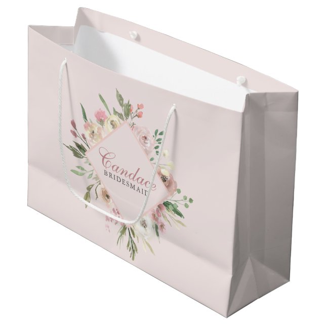 Elegant Blush Pink Floral Custom Bridal Party Large Gift Bag (Front Angled)