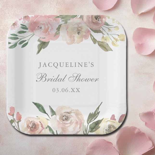 Elegant Blush Pink Floral Custom Bridal Shower Paper Plate (Creator Uploaded)