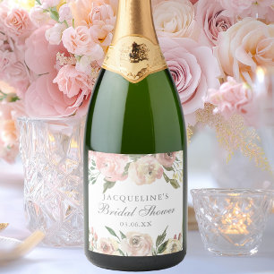Elegant Blush Pink Floral Custom Bridal Shower Sparkling Wine Label