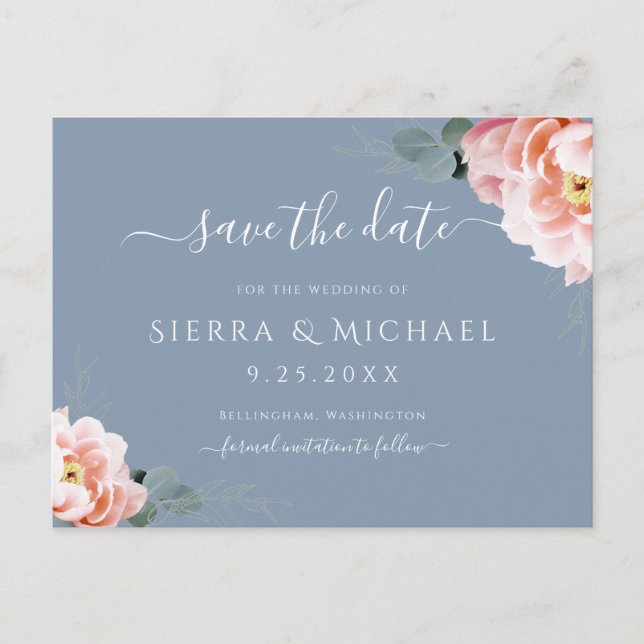 Elegant Blush Pink Floral Dusty Blue Save The Date Announcement Postcard (Front)