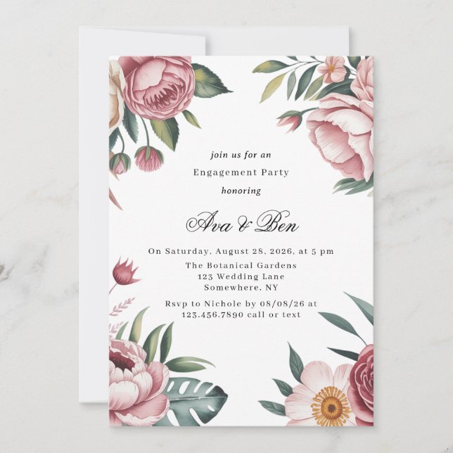 Elegant Blush Pink Floral Engagement Party Invitation (Front)