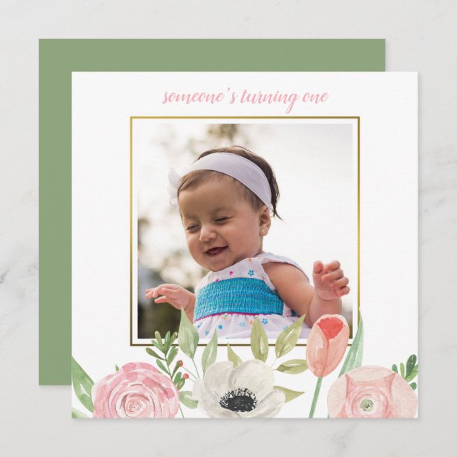 Elegant Blush Pink Floral Frame Baby 1st Birthday Invitation (Front/Back)