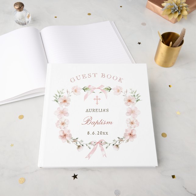 Elegant Blush Pink Floral Frame Baptism Guest Book (Front Open)