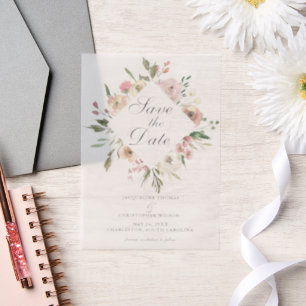 Elegant Blush Pink Floral Garden Save the Date Vellum Invitations