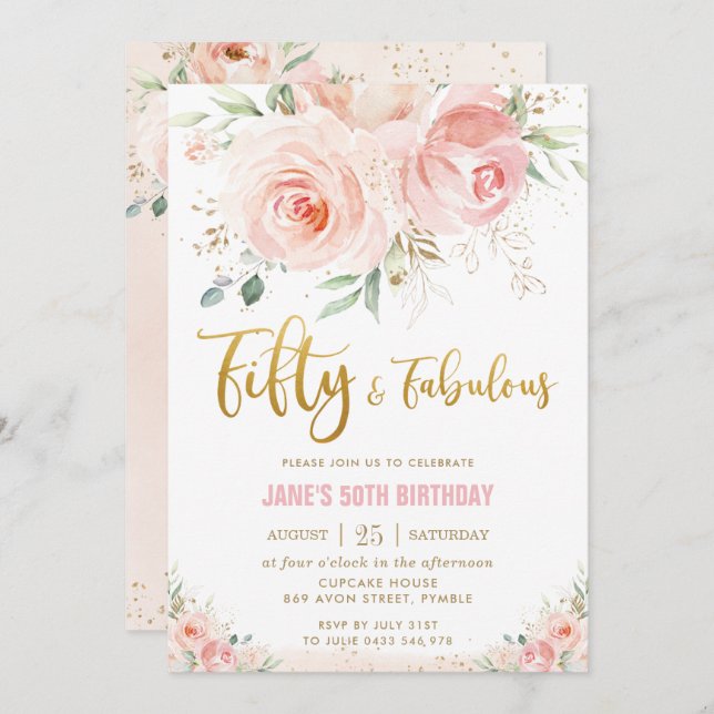 Elegant Blush Pink Floral Gold 50 and Fabulous Invitation (Front/Back)