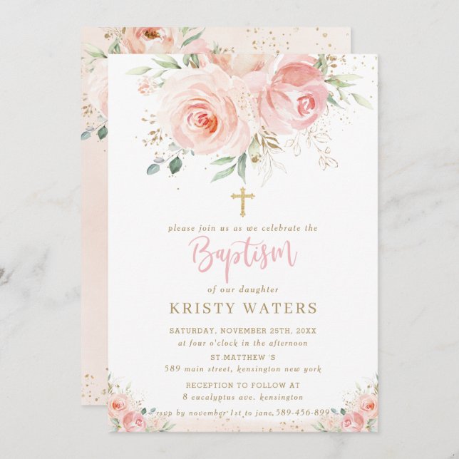 Elegant Blush Pink Floral Gold Baptism Invitation (Front/Back)