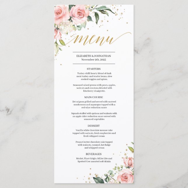 Elegant blush pink floral gold boho wedding menu (Front)