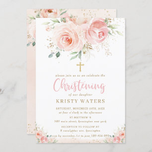 Elegant Blush Pink Floral Gold Christening Invitation