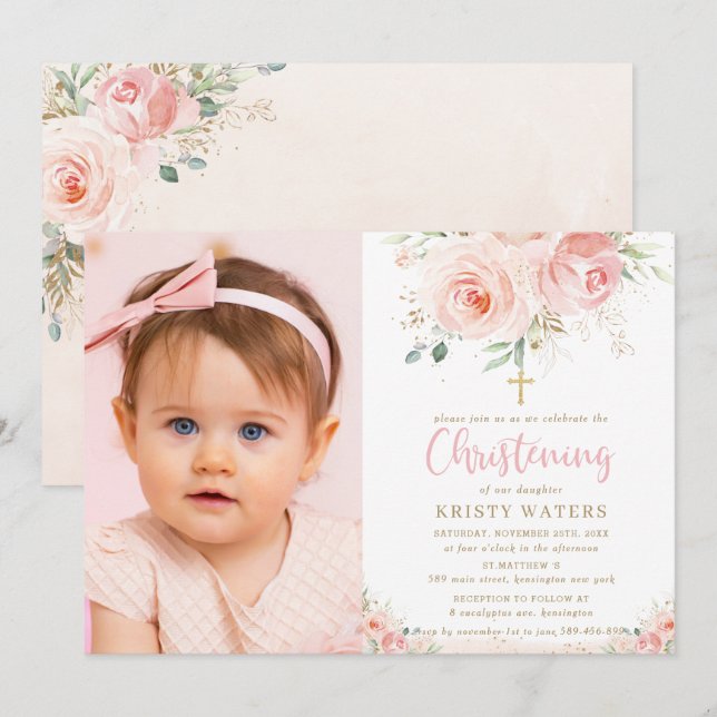 Elegant Blush Pink Floral Gold Christening Photo Invitation (Front/Back)
