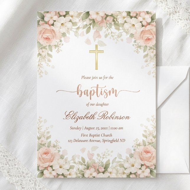 Elegant Blush Pink Floral Gold Cross Baptism Invitation (Creator Uploaded)
