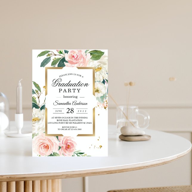 Elegant Blush Pink Floral Gold Frame & Drops Invitation (Creator Uploaded)