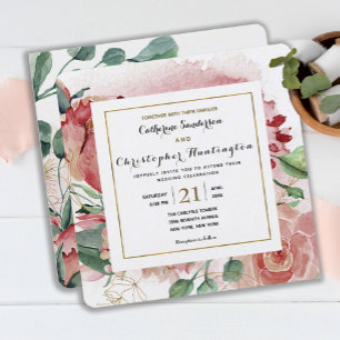 Elegant Blush Pink Floral Gold Frame Wedding Invitation
