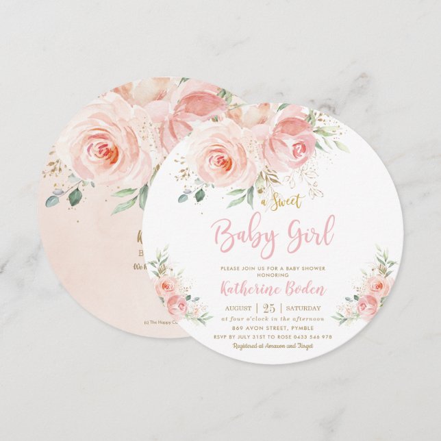 Elegant Blush Pink Floral Gold Girl Baby Shower Invitation (Front/Back)